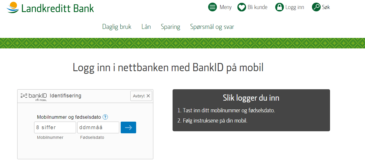 Logg inn i nettbanken med BankID på mobil Landkreditt Bank