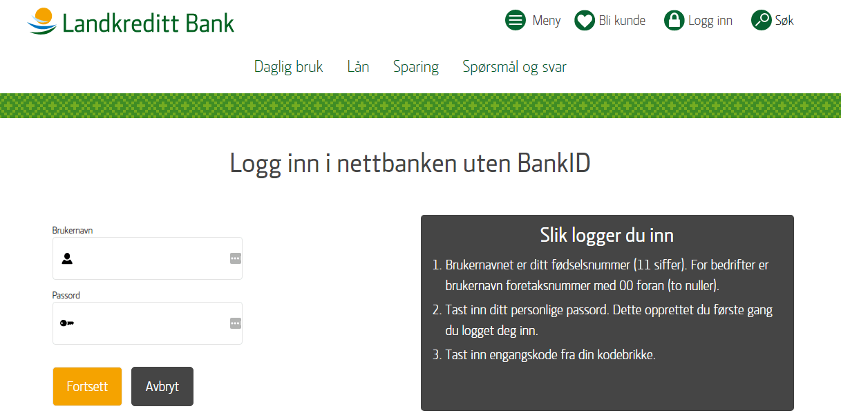 Logg inn i nettbanken uten BankID Landkreditt Bank